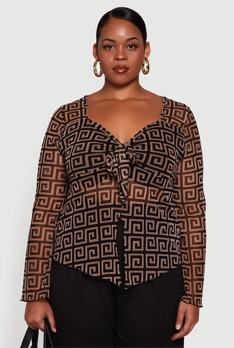 Womens Plus Printed Mesh Long Sleeve Sweetheart Tie Front Top, Brown,