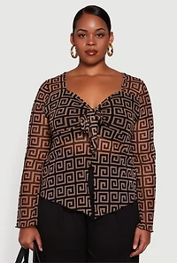 Womens Plus Printed Mesh Long Sleeve Sweetheart Tie Front Top, Brown,