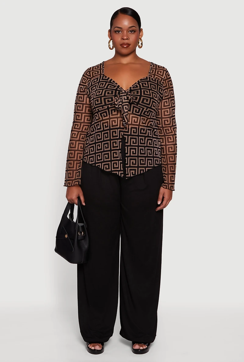 Womens Plus Size Printed Mesh Long Sleeve Sweetheart Tie Front Top, Brown, Size 2X