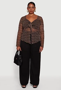 Womens Plus Size Printed Mesh Long Sleeve Sweetheart Tie Front Top, Brown, Size 2X