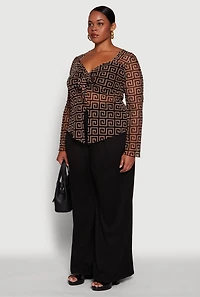 Womens Plus Printed Mesh Long Sleeve Sweetheart Tie Front Top, Brown,
