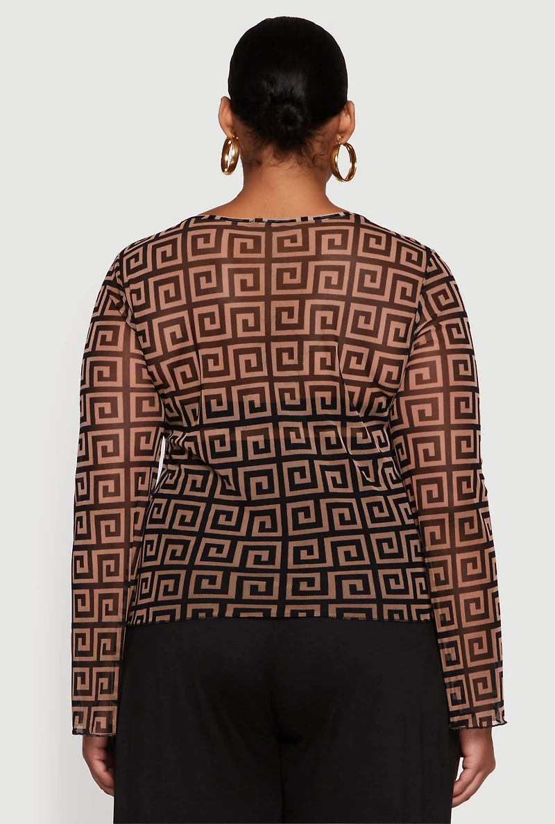 Womens Plus Printed Mesh Long Sleeve Sweetheart Tie Front Top, Brown,