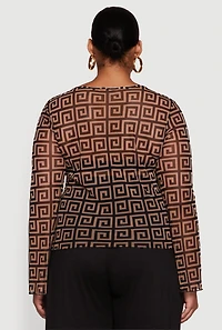 Womens Plus Printed Mesh Long Sleeve Sweetheart Tie Front Top, Brown,