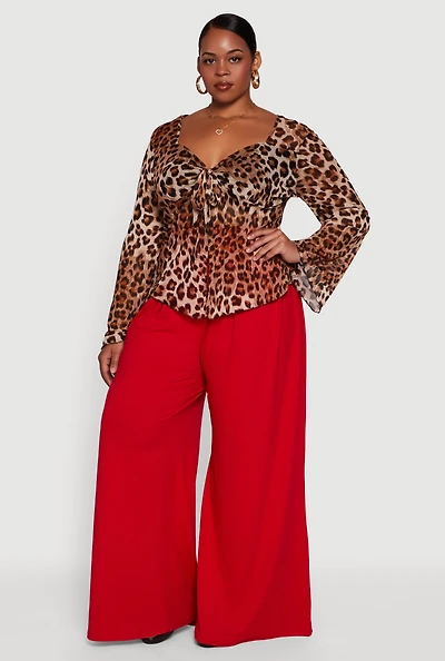 Womens Plus Size Printed Mesh Long Sleeve Sweetheart Tie Front Top, Brown, Size 1X