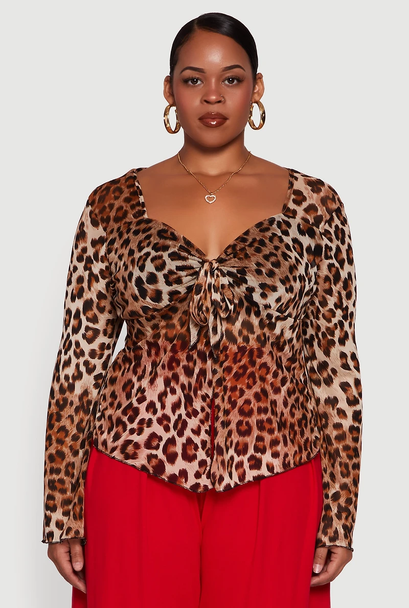 Womens Plus Size Printed Mesh Long Sleeve Sweetheart Tie Front Top, Brown, Size 1X