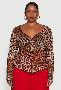 Womens Plus Size Printed Mesh Long Sleeve Sweetheart Tie Front Top, Brown, Size 1X