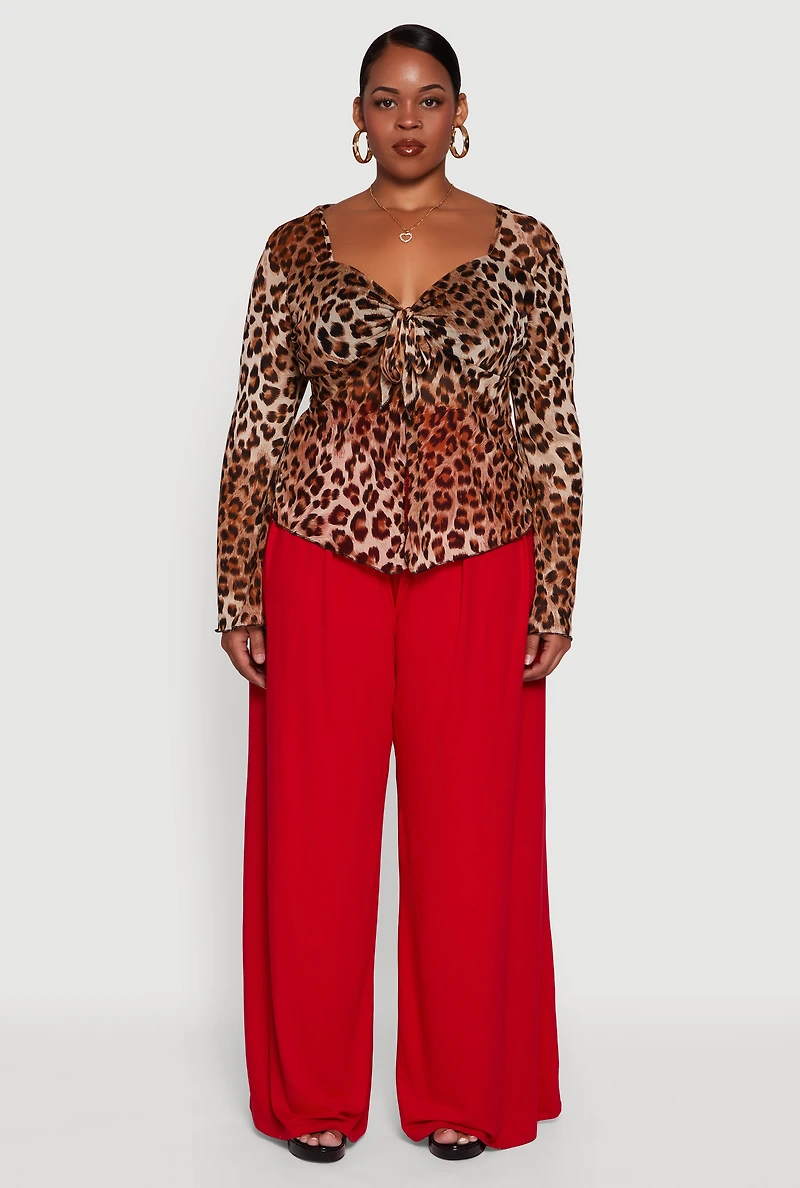 Womens Plus Size Printed Mesh Long Sleeve Sweetheart Tie Front Top, Brown, Size 1X