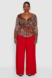 Womens Plus Size Printed Mesh Long Sleeve Sweetheart Tie Front Top, Brown, Size 1X