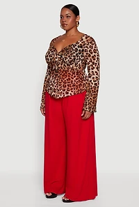 Womens Plus Size Printed Mesh Long Sleeve Sweetheart Tie Front Top, Brown, Size 1X