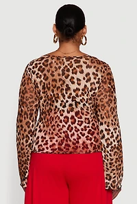 Womens Plus Size Printed Mesh Long Sleeve Sweetheart Tie Front Top, Brown, Size 1X