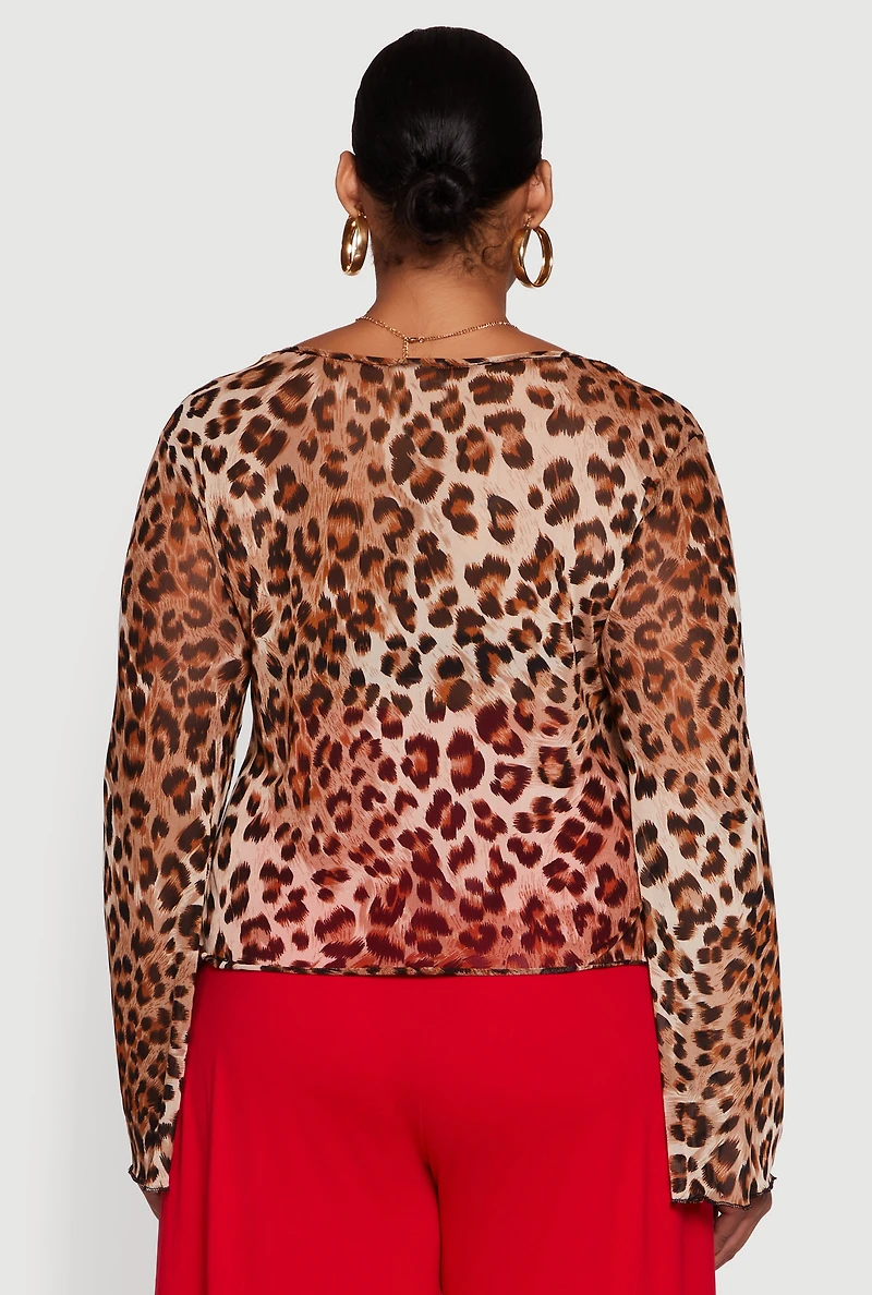 Plus Printed Mesh Long Sleeve Sweetheart Tie Front Top