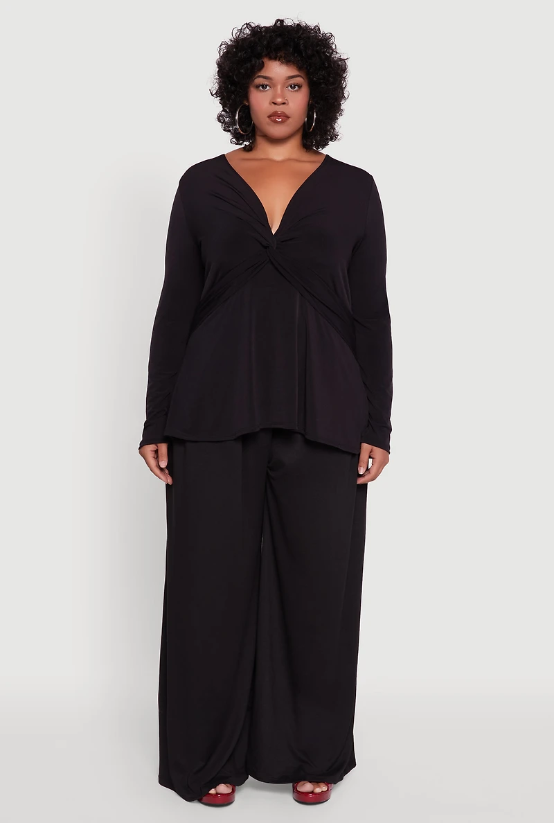 Womens Plus Twist Front Long Sleeve Blouse,
