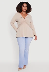 Womens Plus Size Twist Front Long Sleeve Blouse, Beige, Size 3X