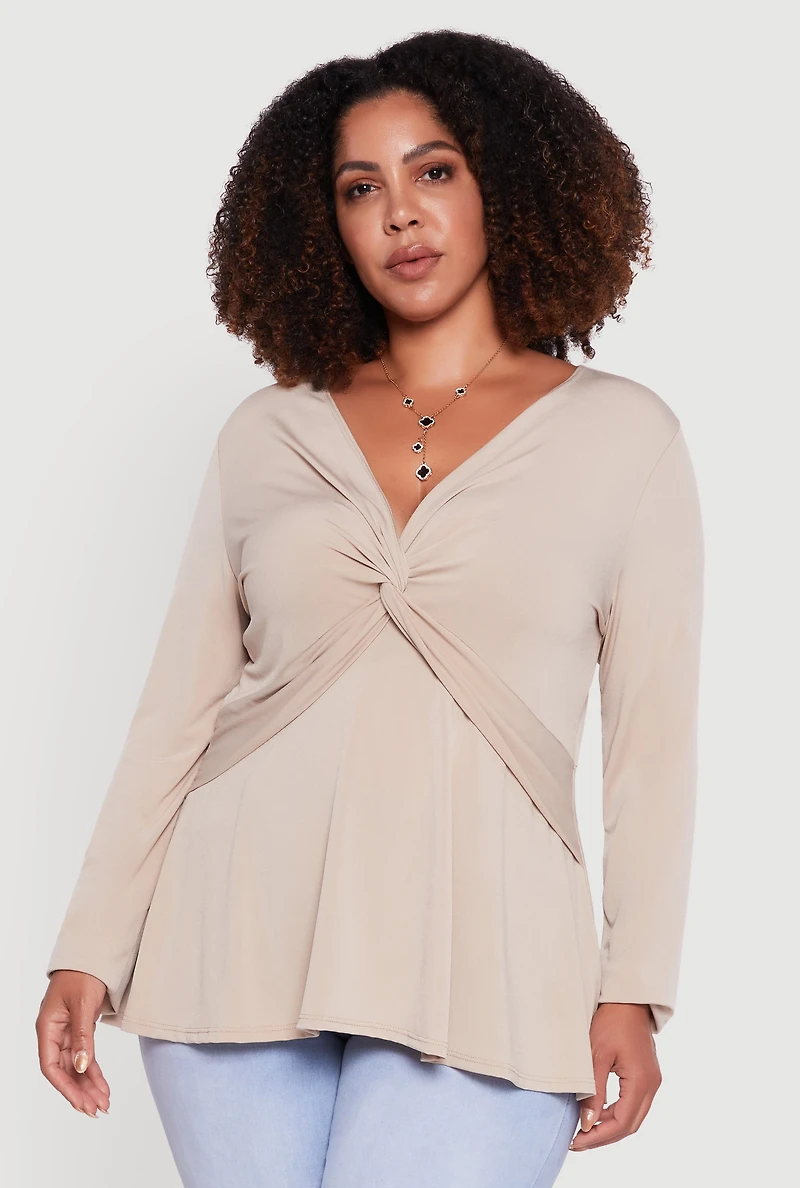 Womens Plus Size Twist Front Long Sleeve Blouse, Beige, Size 3X