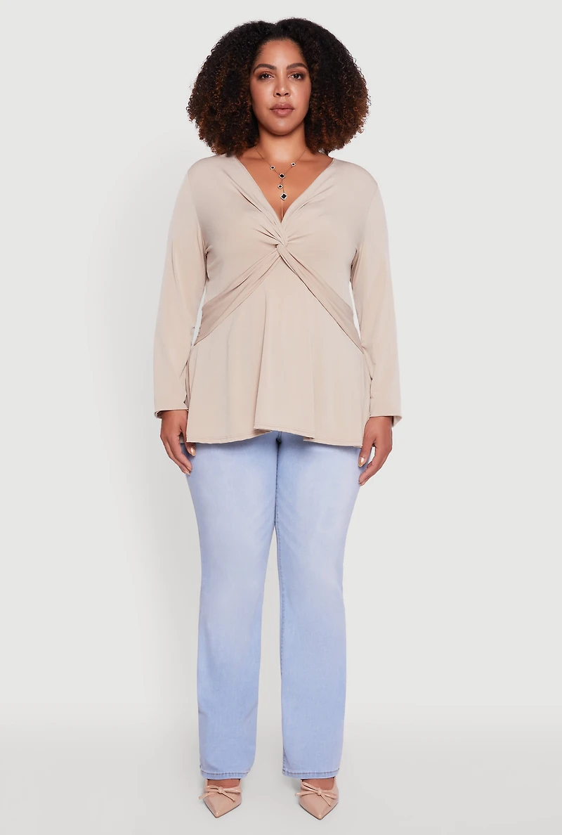 Womens Plus Size Twist Front Long Sleeve Blouse, Beige, Size 3X