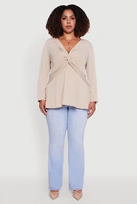 Womens Plus Size Twist Front Long Sleeve Blouse, Beige, Size 3X