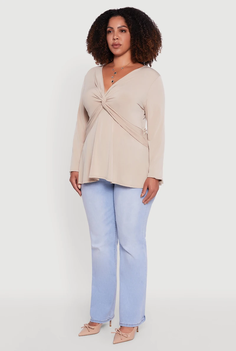 Womens Plus Size Twist Front Long Sleeve Blouse, Beige, Size 3X