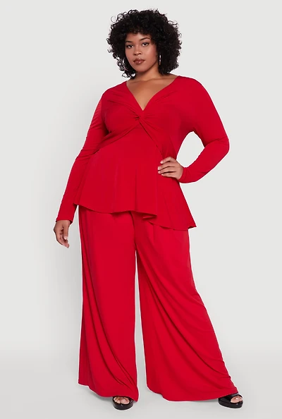 Womens Plus Size Twist Front Long Sleeve Blouse, Red, Size 1X