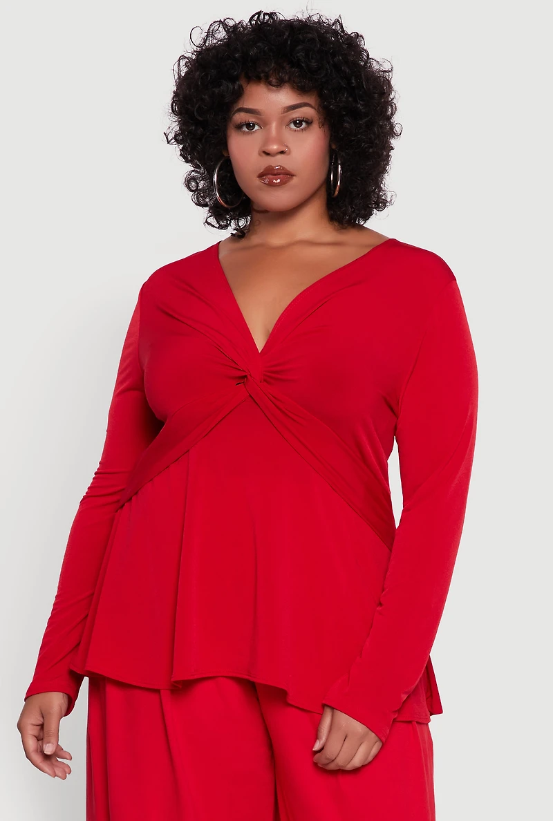 Womens Plus Size Twist Front Long Sleeve Blouse, Red, Size 1X