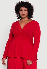Womens Plus Size Twist Front Long Sleeve Blouse, Red, Size 1X