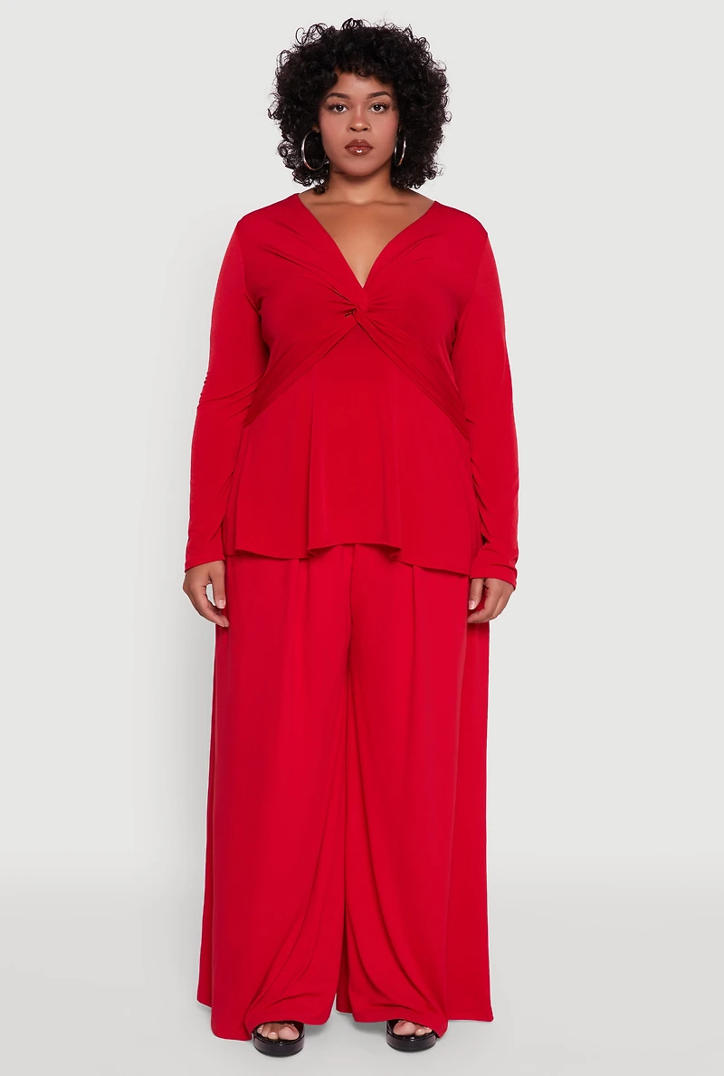 Womens Plus Size Twist Front Long Sleeve Blouse, Red, Size 1X