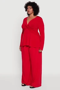 Womens Plus Size Twist Front Long Sleeve Blouse, Red, Size 1X