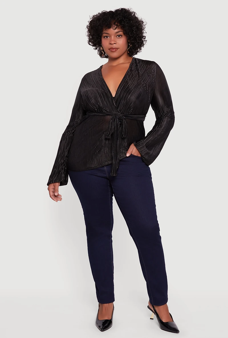 Womens Plus Size Plisse Long Sleeve Tie Waist Wrap Top, Black, Size 3X