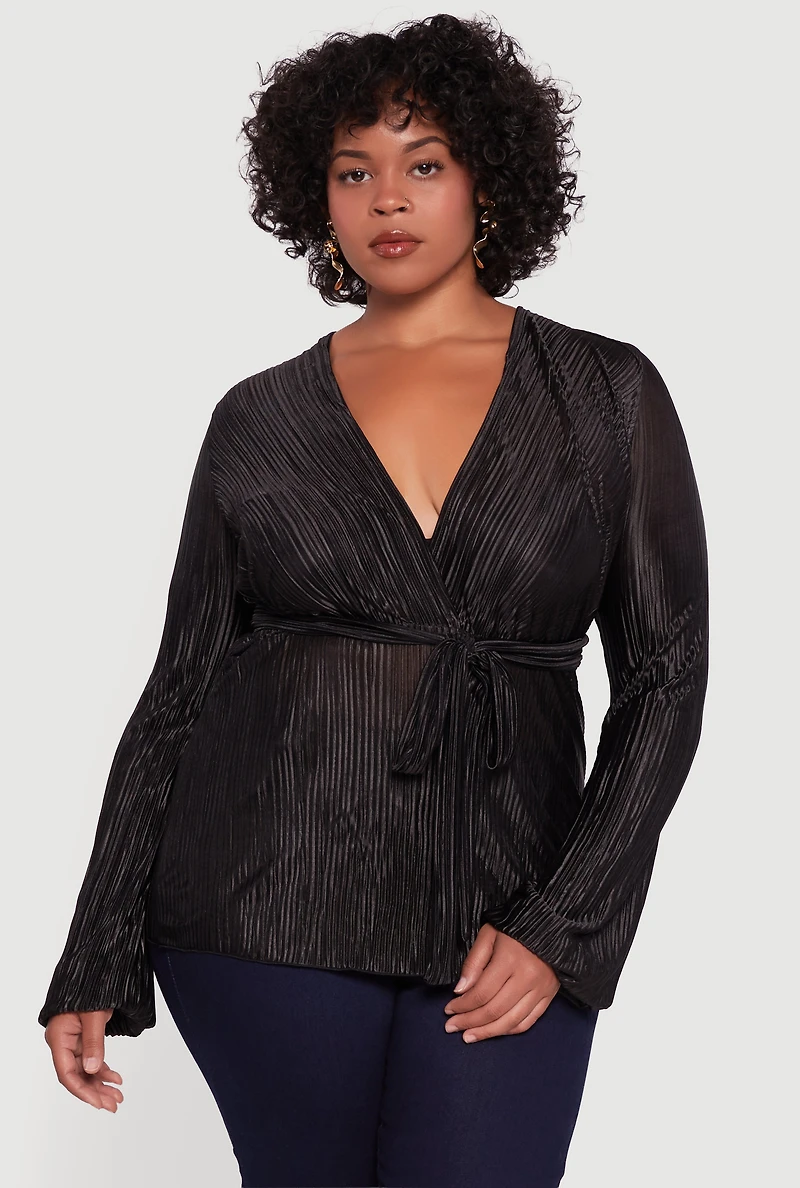 Womens Plus Plisse Long Sleeve Tie Waist Wrap Top,