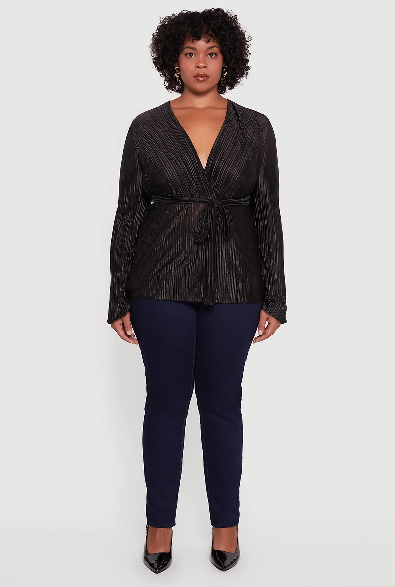 Womens Plus Size Plisse Long Sleeve Tie Waist Wrap Top, Black, Size 3X