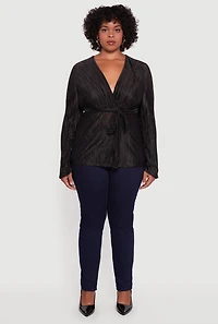 Womens Plus Size Plisse Long Sleeve Tie Waist Wrap Top, Black, Size 3X