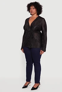 Womens Plus Size Plisse Long Sleeve Tie Waist Wrap Top, Black, Size 3X