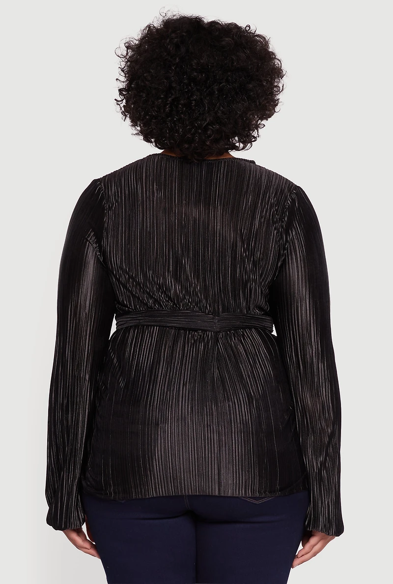 Womens Plus Plisse Long Sleeve Tie Waist Wrap Top,