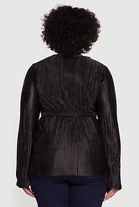 Womens Plus Plisse Long Sleeve Tie Waist Wrap Top,