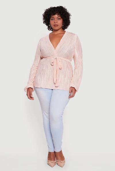 Womens Plus Size Plisse Long Sleeve Tie Waist Wrap Top, Pink, Size 2X