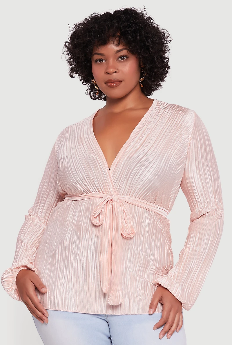 Womens Plus Size Plisse Long Sleeve Tie Waist Wrap Top, Pink, Size 1X