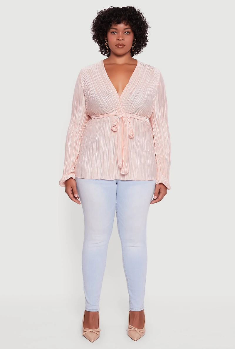 Womens Plus Size Plisse Long Sleeve Tie Waist Wrap Top, Pink, Size 1X