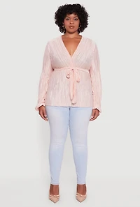 Womens Plus Size Plisse Long Sleeve Tie Waist Wrap Top, Pink, Size 1X