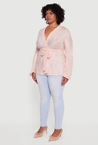 Womens Plus Size Plisse Long Sleeve Tie Waist Wrap Top, Pink, Size 1X