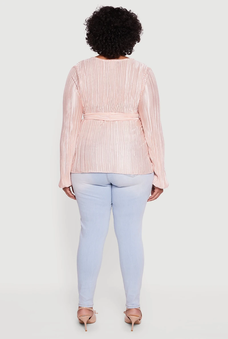 Womens Plus Size Plisse Long Sleeve Tie Waist Wrap Top, Pink, Size 1X