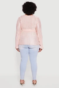 Womens Plus Size Plisse Long Sleeve Tie Waist Wrap Top, Pink, Size 1X