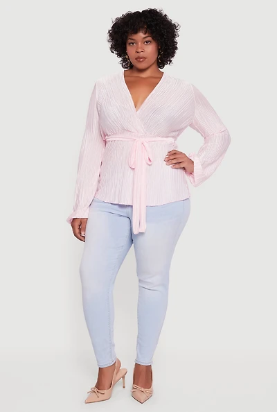 Womens Plus Size Plisse Long Sleeve Tie Waist Wrap Top, Pink, Size 2X