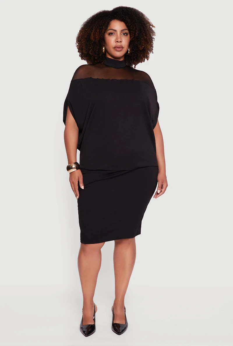 Womens Plus Size Mock Neck Mesh Detail Batwing Sleeve Blouse, Black, Size 1X