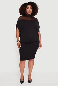 Womens Plus Size Mock Neck Mesh Detail Batwing Sleeve Blouse, Black, Size 1X