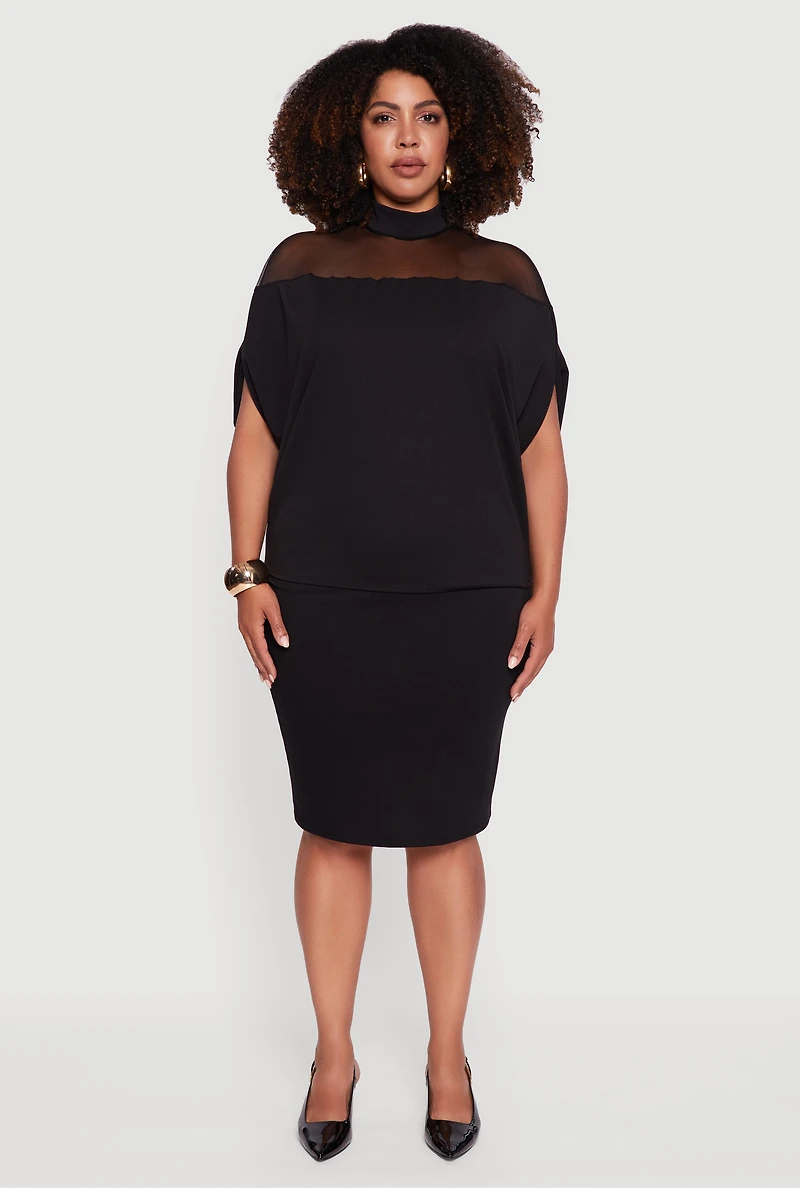 Womens Plus Size Mock Neck Mesh Detail Batwing Sleeve Blouse, Black, Size 1X