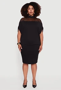 Womens Plus Size Mock Neck Mesh Detail Batwing Sleeve Blouse, Black, Size 1X