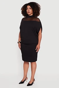 Womens Plus Size Mock Neck Mesh Detail Batwing Sleeve Blouse, Black, Size 1X