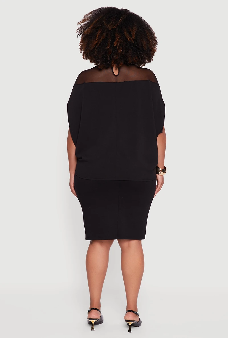 Womens Plus Size Mock Neck Mesh Detail Batwing Sleeve Blouse, Black, Size 1X