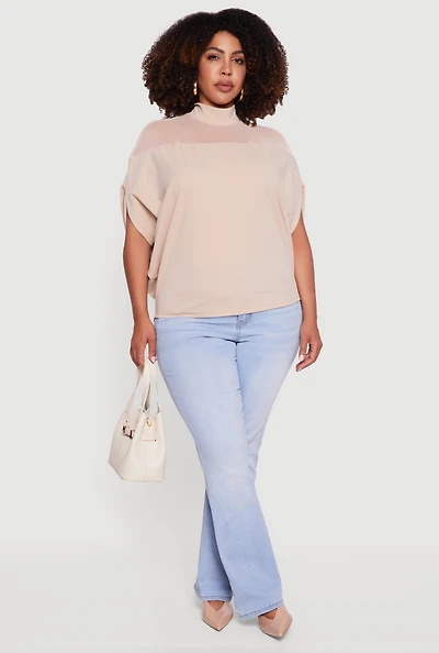 Womens Plus Size Mock Neck Mesh Detail Batwing Sleeve Blouse, Beige, Size 3X
