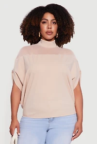 Womens Plus Mock Neck Mesh Detail Batwing Sleeve Blouse, Beige,