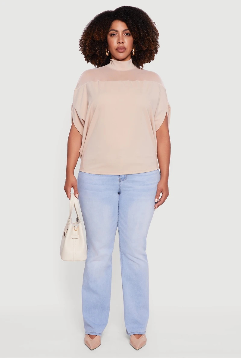 Womens Plus Mock Neck Mesh Detail Batwing Sleeve Blouse, Beige,